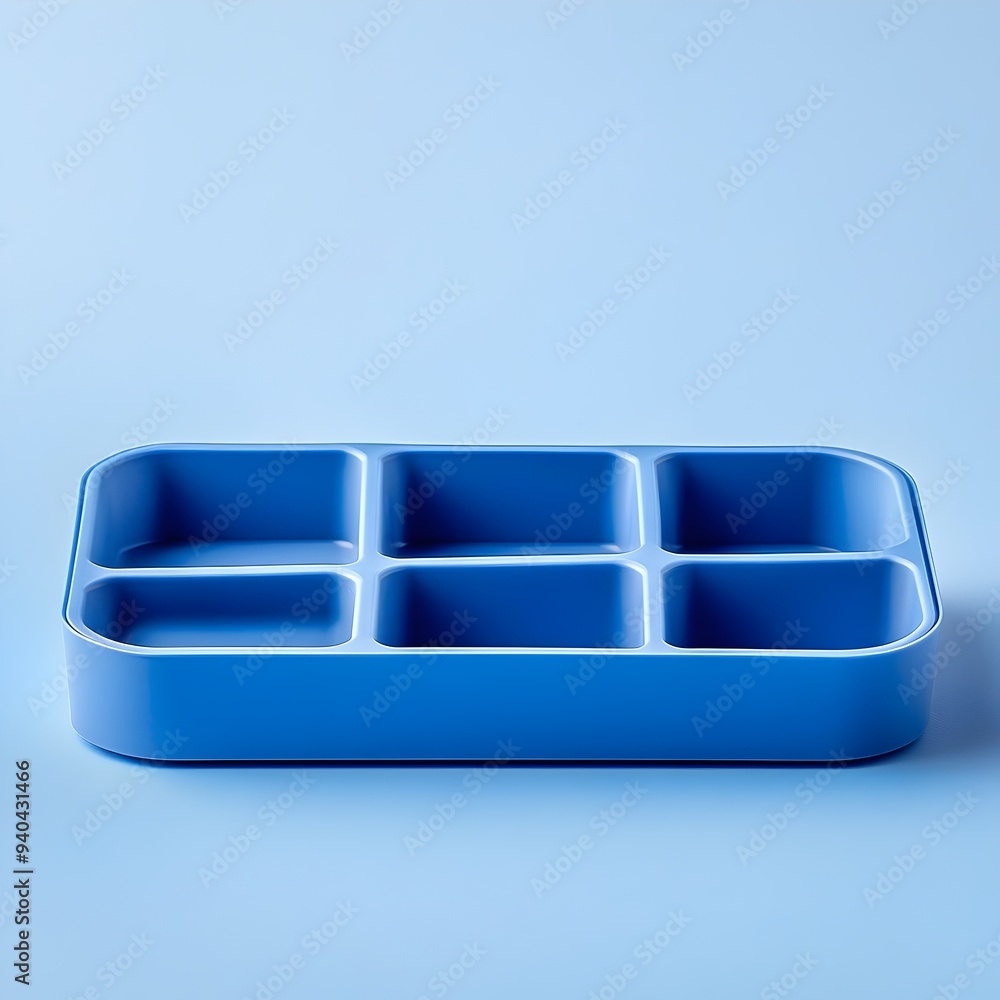 Poster a neatly arranged blue desk organizer placed at the center of a plain uncluttered background showcas