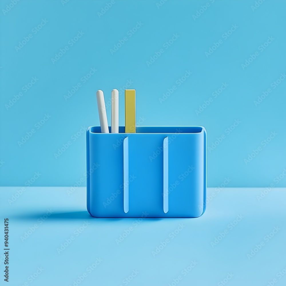 Poster closeup of a modern minimalist blue desk organizer placed at the center of a plain background showca