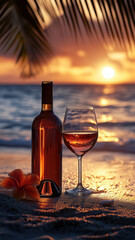 Wine on the shore with sunset and palm silhouette
