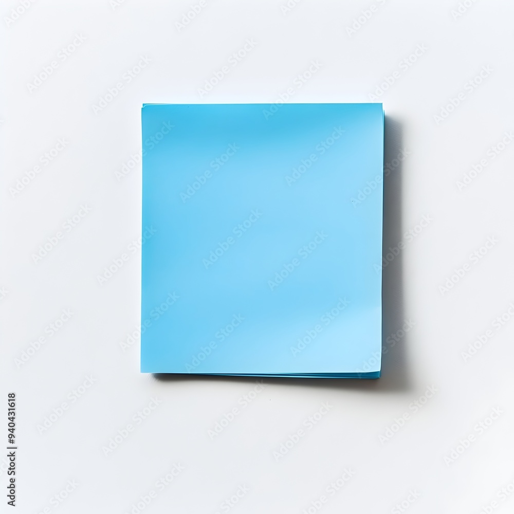 Poster close up of a blue sticky note pad placed at the center of a plain white desktop or table surface wi