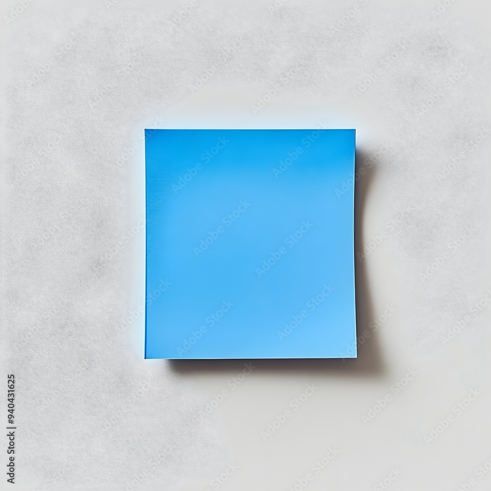 Poster close up view of a blue sticky note pad placed at the center of a white surface with plenty of copy 