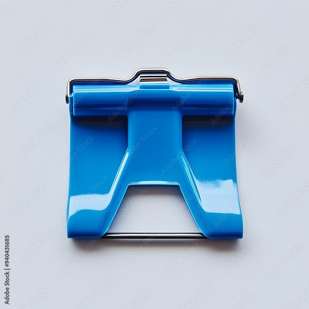 Poster close up image of a blue binder clip lying flat and centered on a plain light background showcasing 