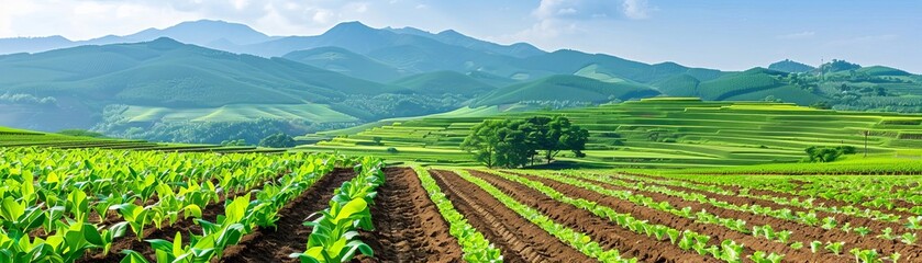 Sustainable agriculture with contour plowing, terraced hills, Sustainable agriculture fields and hills, Innovation