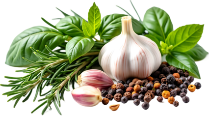 Top view of Herbs and spices isolated on background, ingredients for cooking food, healthy vegetables food, high fibers and vitamins.