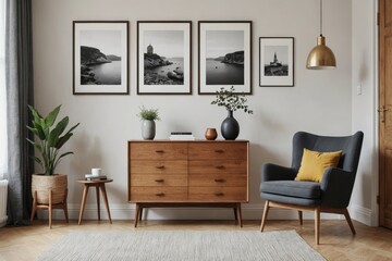 Interior design of scandinavian living room with stylish wooden commode, mock up poster frames, book, ceramic vessel,  decoration, carpet and personal accessories in retro home decor