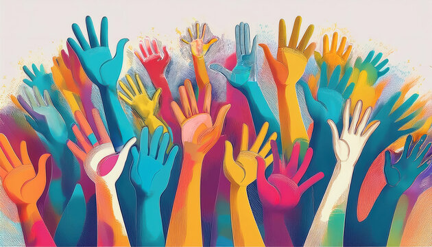 Vibrant multicolored hands raised together in unity digital illustration