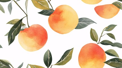 Watercolor Peach Orchard: A delightful and refreshing seamless pattern featuring hand-painted watercolor peaches and leaves, creating a vibrant and organic design perfect for textile prints, wallpaper
