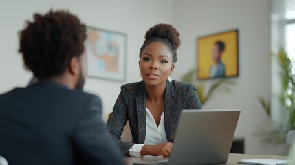 Fototapeta premium An African-American female HR manager interviewing a job candidate in his office.
