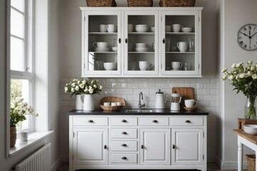 Vertical shot of monochrome kitchen counter with drawers and white top, hanging cabinet with glass doors, bowls and mugs, flowers in jar and woven bucket, vintage furniture, mirror with window shape