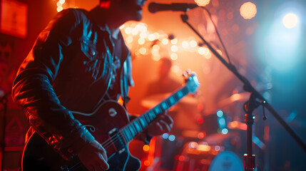A lead guitarist sings passionately into a microphone during an intimate live performance, with warm orange and blue lighting illuminating the stage and a blurred drummer in the background.