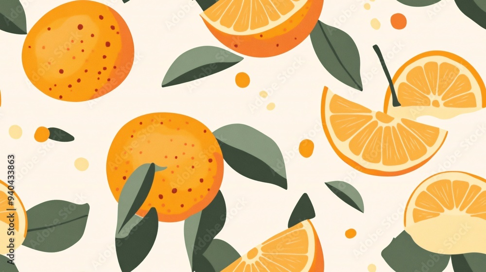 Poster citrus delight: a vibrant seamless pattern featuring juicy oranges and leaves on a white background.