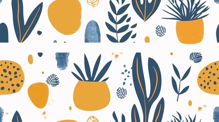 Boho Botanical Bliss: A seamless pattern of abstract plants and shapes in earthy tones of blue and ochre. 