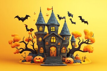 Witch castle, bats, grinning pumpkins and dried tree, simple shape yellow background 3D