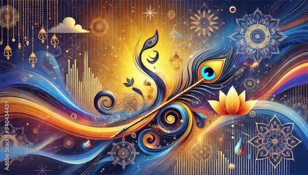 Poster Abstract 3D art with fantasy elements, peacock feathers, flowers and bright patterns creating a dynamic composition