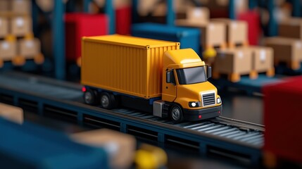 A vibrant yellow truck transporting cargo through a busy warehouse filled with boxes and containers, symbolizing logistics and delivery.