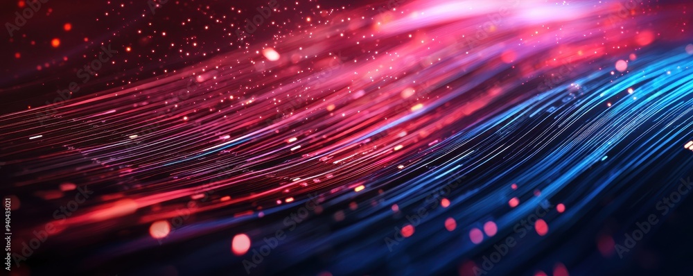 Poster abstract flowing waves of red and blue light create a vibrant background with sparkling particles, p