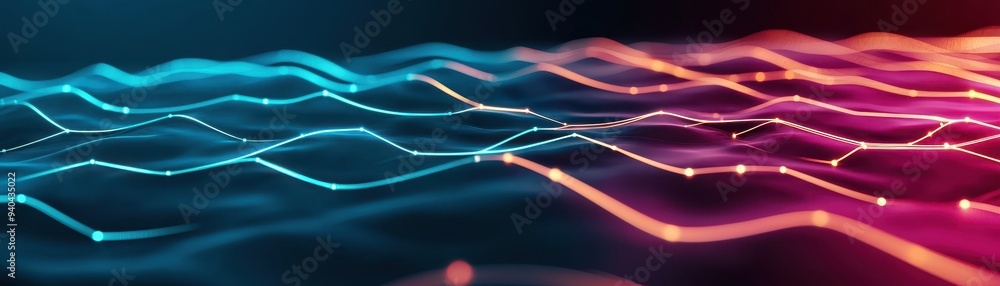 Poster abstract wave pattern with vibrant colors creating a dynamic, digital atmosphere perfect for technol