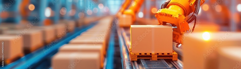 Poster An automated robot arm loading boxes onto a conveyor belt in a modern warehouse setting.