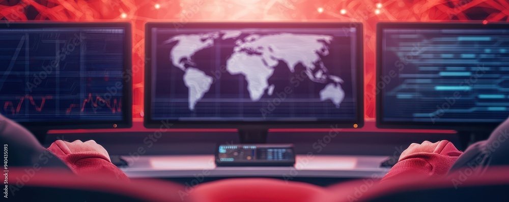 Aufkleber an advanced control room featuring multiple monitors displaying global data, analytics, and network 