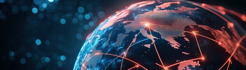 Global network concept showcasing connectivity and digital communication through a vibrant, illuminated Earth.