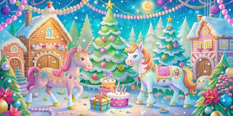 In a world of whimsical wonder, Christmas dreams come alive with soft pastel hues, mischievous unicorns, and sweet gingerbread scents permeating the air.