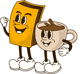 Retro Mascot Vector Illustration of a Book and Cup of Coffee Character