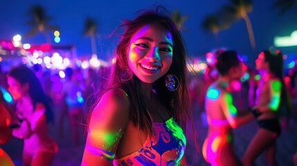 Fototapeta premium a young woman enjoying herself at a Full Moon Party in Pattaya. She is surrounded by the energetic crowd, with neon lights and glowing body paint visible on her and others.