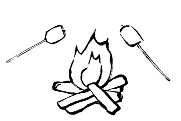 筆タッチの焚火とマシュマロのモノクロ線画イラスト