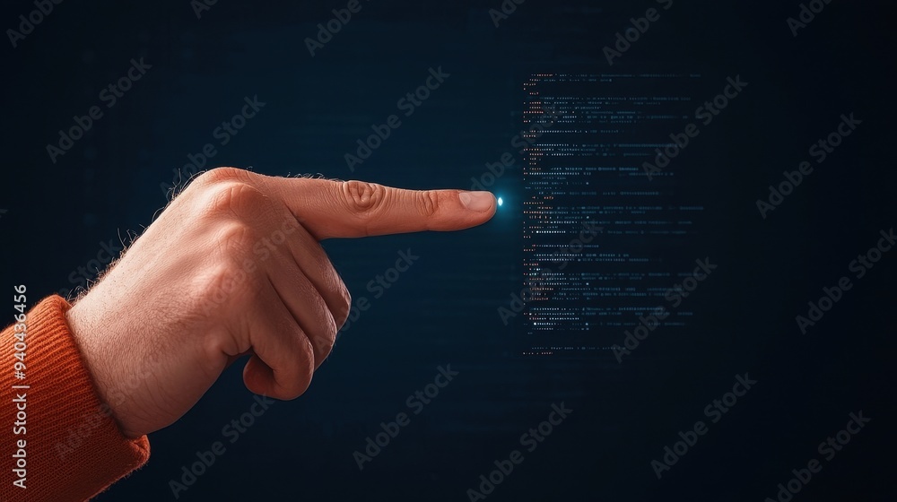 Poster a close-up of a hand pointing at glowing digital data in a dark background, symbolizing technology a