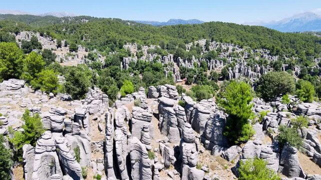 The area of conglomerates of rocks surrounding the ancient city of Selge in Antalya. The area called Avatar Land, named Rocks of Man, because it resembles a standing person, creates a fantastic image.