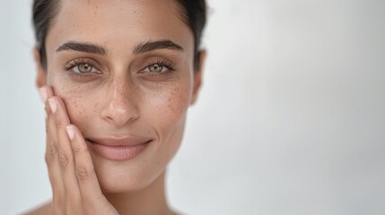 Beautiful India woman with clean fresh skin on soft-focus background, hand on face.