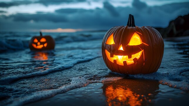 Glowing jack-o'-lanterns on a beach at dusk, creating a spooky Halloween vibe.