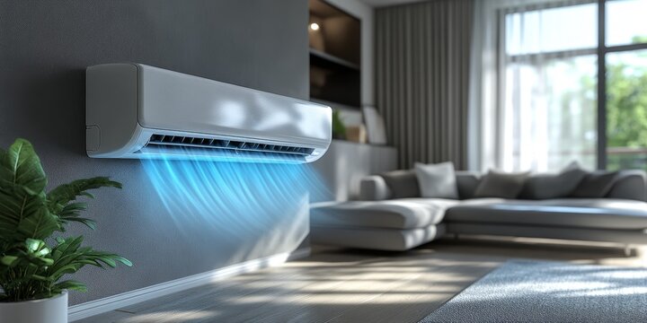 Energy-Efficient Air Conditioning in Modern Living Room: Cool Comfort Meets Eco-Friendly Design. Luxurious Home Climate Control for Hot Summers. Innovative Cooling Technology Enhancing Indoor Environm