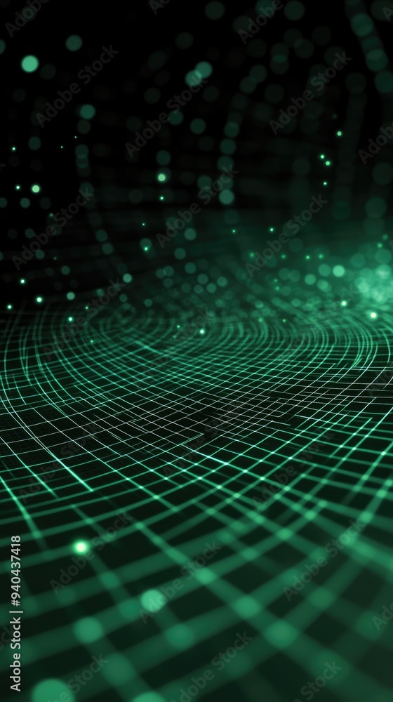 Poster a mesmerizing abstract background featuring green grid patterns and floating particles, perfect for 