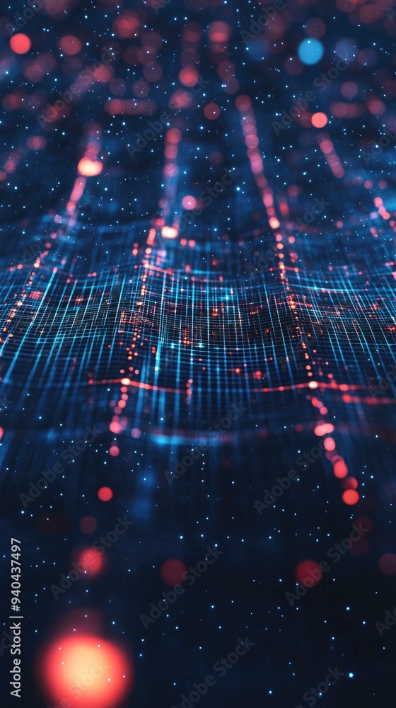 Poster a vibrant digital landscape featuring glowing lines and dots, representing data flow and connectivit
