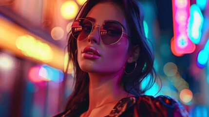 Stylish woman in an urban setting, neon city lights reflecting off her outfit, modern and edgy