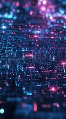 Obraz premium A vibrant abstract digital background featuring bright neon lights and intricate patterns, perfect for technology and innovation themes.
