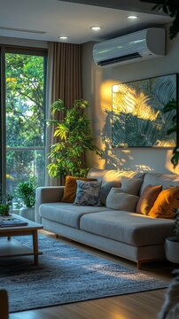 Energy-Efficient Air Conditioning in Modern Living Room: Cool Comfort Meets Eco-Friendly Design. Luxurious Home Climate Control for Hot Summers. Innovative Cooling Technology Enhancing Indoor Environm