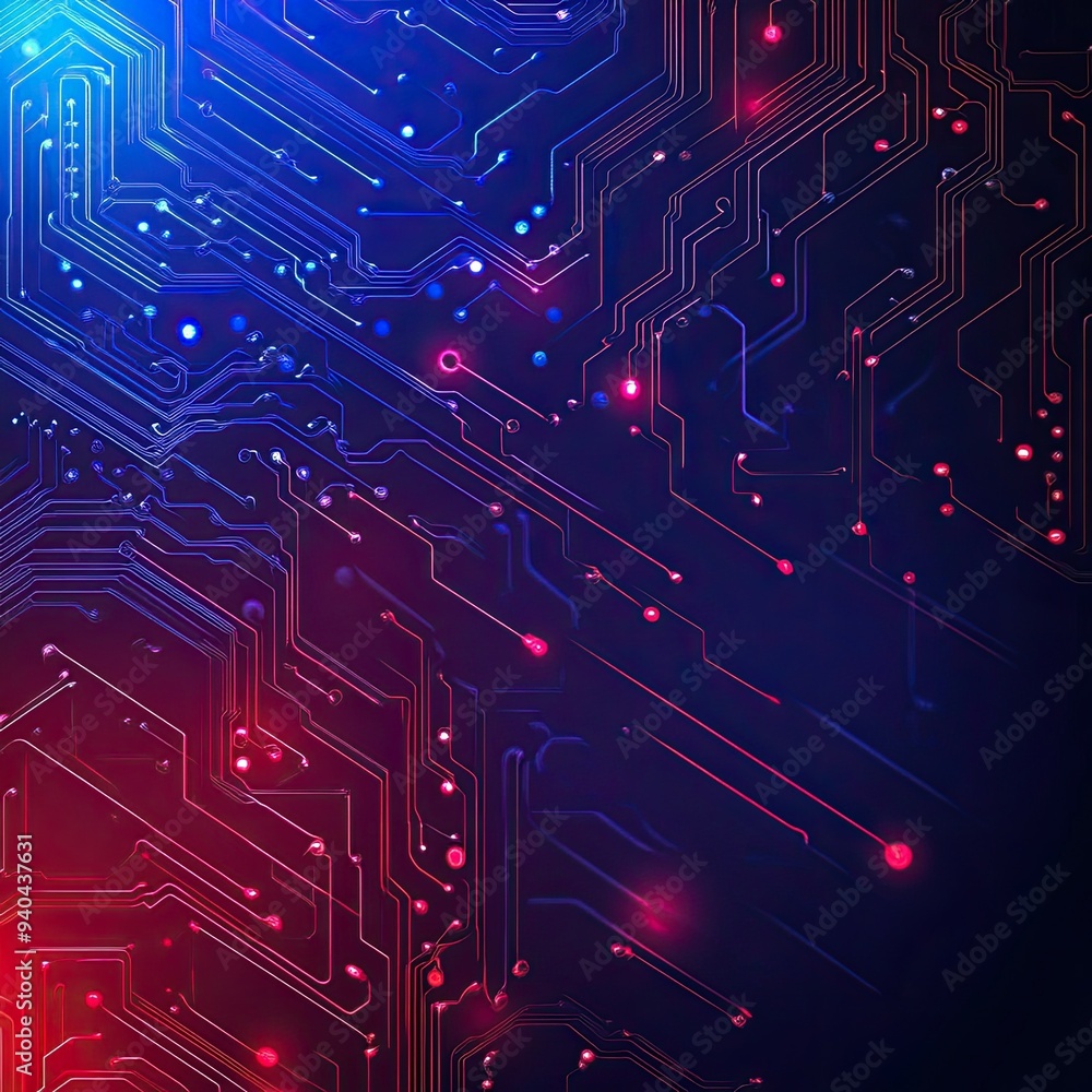 Poster abstract digital background with glowing circuit board lines in red and blue. perfect for technology