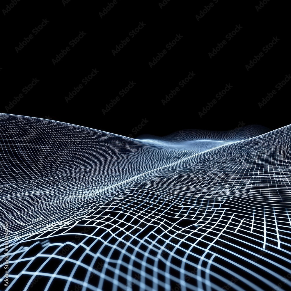 Poster abstract wireframe landscape with smooth curves and glowing lines on a dark background, creating a f