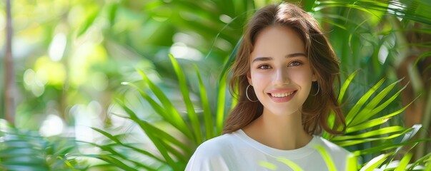 Enchanting woman amidst lush forest, bathed in dappled sunlight, harmonious nature connection