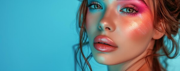 Obraz premium Glamorous woman wearing vibrant makeup, set against a minimalistic backdrop, striking beauty shot