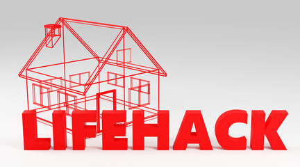 Luxury red inscription lifehack on grey podium, soft light, smooth background, 3d rendering