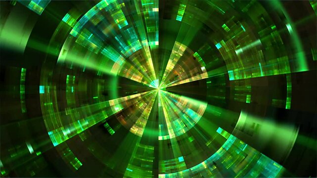 Green techno futuristic abstract concentric circles seamless loop. Fractal art. Digital scan, radar, camera lens aperture or other technology.
