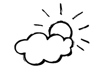 筆タッチの太陽と雲のモノクロ線画イラストセット