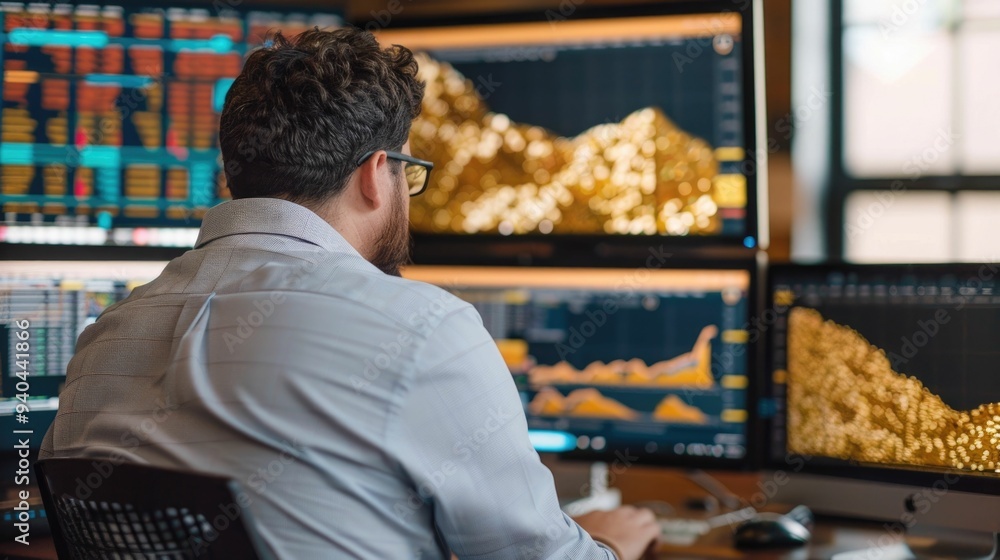 Poster dual screen laptop displaying comprehensive market data financial charts and investment analysis too
