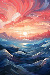 Abstract Sunset Landscape with Mountains and Lake
