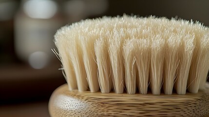 Close-up of Natural Bristles on a Wooden Brush.