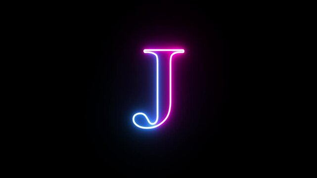 Glowing neon capital letter alphabet J animation. Purple and blue neon font letter "J" on black background. Educational concept