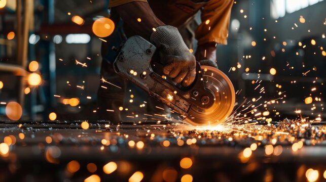 Grinder cutting metal by craftsman in workshop with sparks.